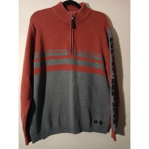 Harley Davidson Mens Sweater XL Red Gray Quarter Zip Long Sleeve Pullover Knit‎